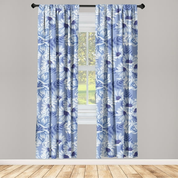 Floral Design Window Curtains, Winter Feels Daisy and Blooming Roses Pattern with Leaves Print, Lightweight Decor 2-Panel Set with Rod Pocket, Pair of - 28"x63", Ceil Blue Dark Lavender, by Ambesonne