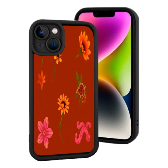 Floral Design iPhone 15 Case - Lightweight Yellowing Resistant Colorful Flowers on Brown Background Black Border Camera Cutout