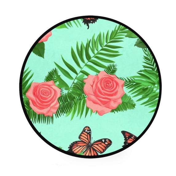 Floral Design with Butterflies Memory Foam Bath Mat 36" Absorbent Rug with Non Slip Base and 4 Bonus Pads