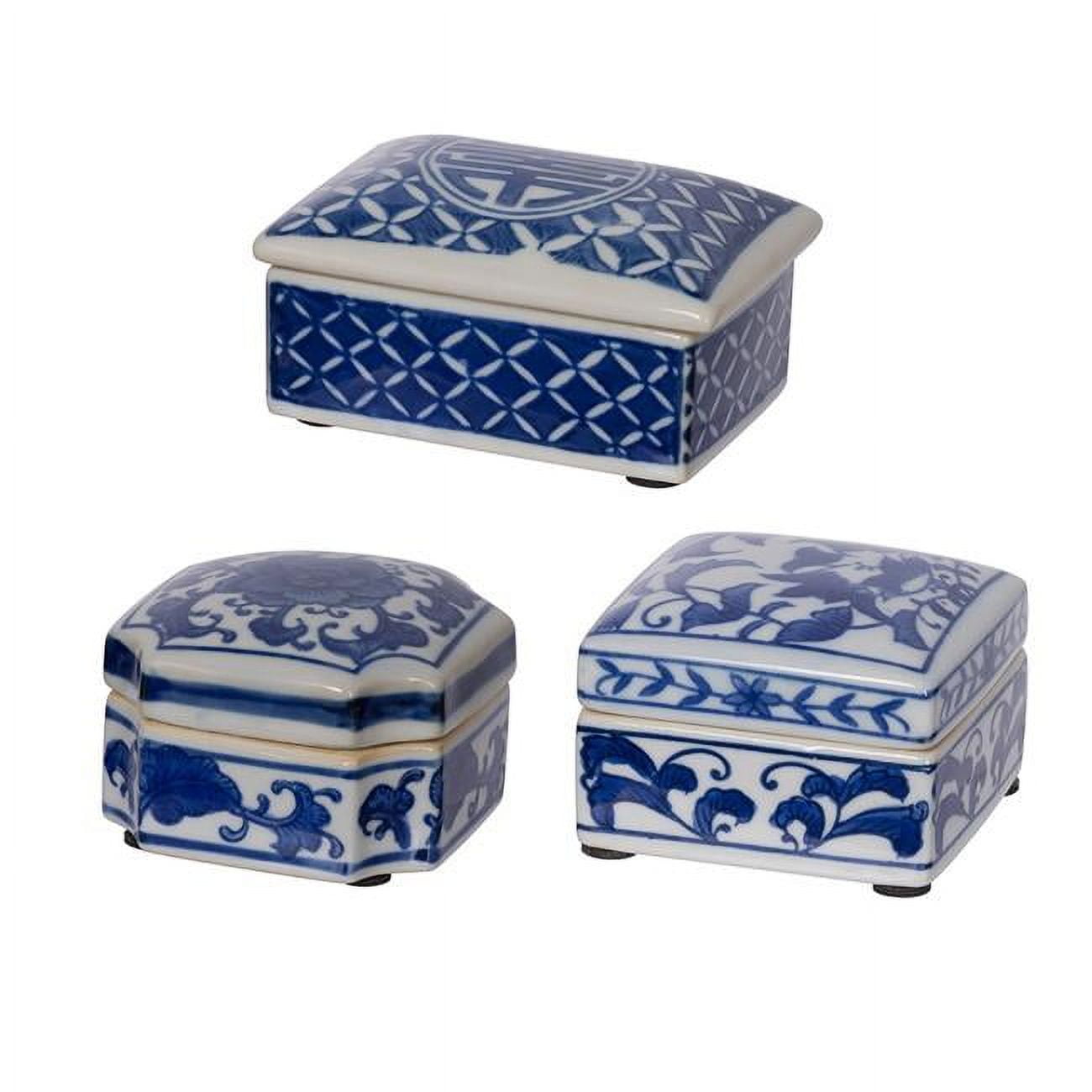 Set of 3 Blue and White Porcelain Floral Lidded Boxes