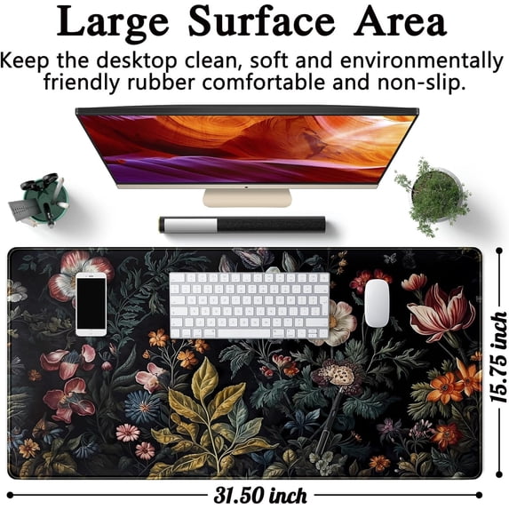 Floral Desk Mat Dark Vintage Aesthetic Desk Pad Flower Plant Black Extended Mouse Pad Large Gaming Mousepad XXL Laptop Computer Mouse Keyboard Mat 31.5 x 15.7 in for Office Desk Decor