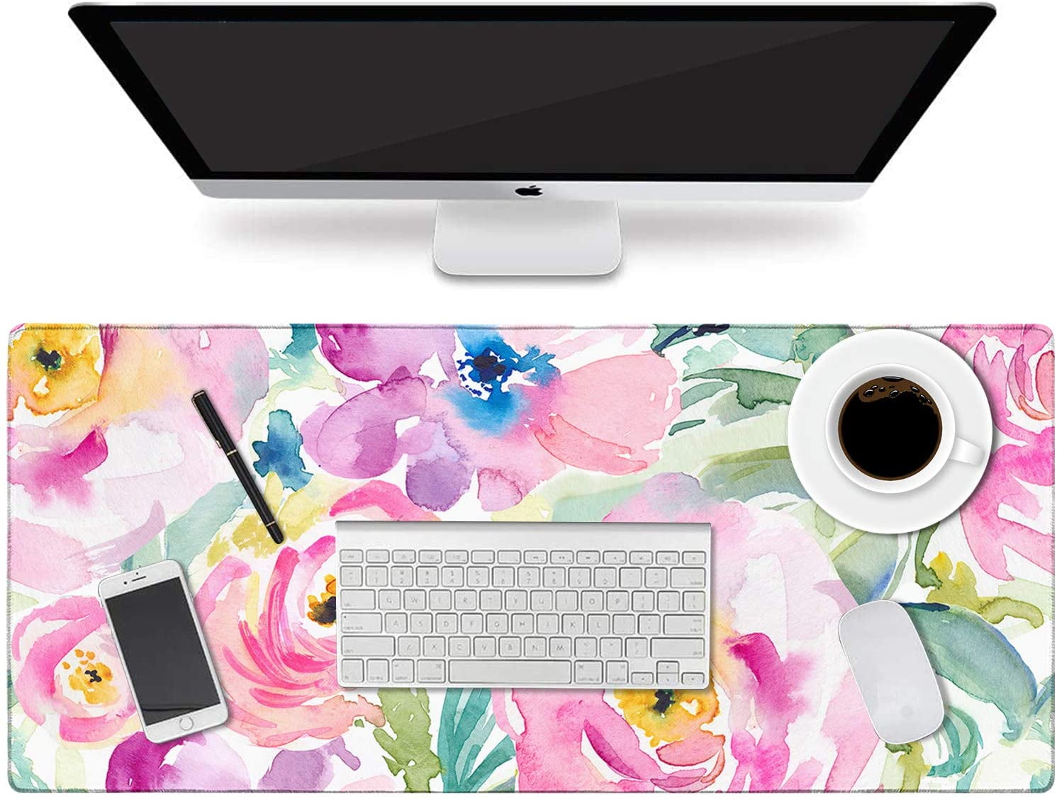 Floral Desk Mat, Extended Desk Pad Mat, Large Mouse Pad for Desk, Waterproof Computer Mat with Edge Stitching, 2 MM Thickness Keyboard Mat with Non-Slip Rubber Base for Office