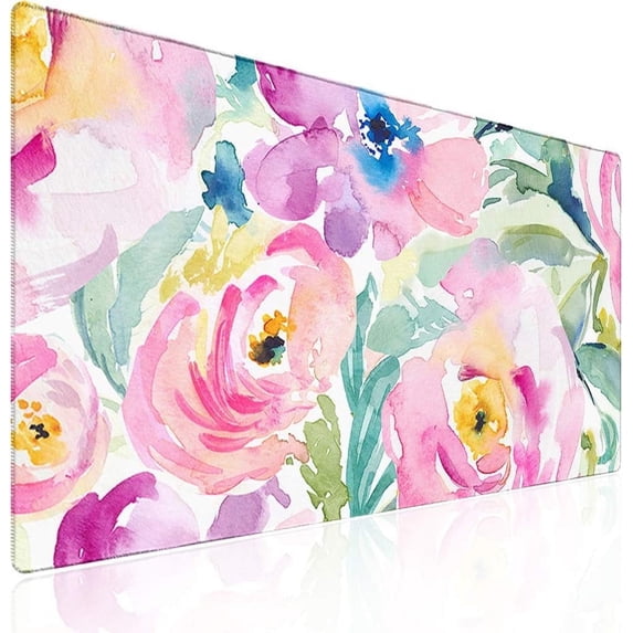 Floral Desk Mat, Extended Gaming Mouse Pad Large 31.5" x 15.7" XL Keyboard Pad Matt with Stitched Edges, Computer Laptop Desk Pad for Office Home Desktop Laptop Women, Pink Colorful Peony