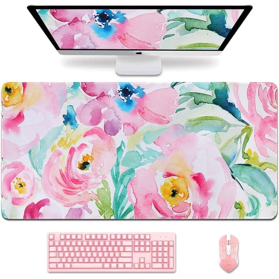 Floral Desk Mat, Extra Large Mouse Pad Gaming, XXL Computer Mousepad with Non Slip Base, Desk Pad Large, Keyboard Matt for Office Decor, Desktop, Girls, Women, Pink Colorful Peony Flower