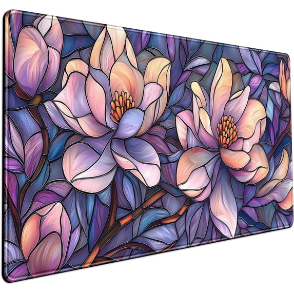 Floral Desk Mat Gaming Large Mouse Pad Desk Keyboard Pad, Long Computer Mat Faux Stained Glass Artistic Patterns Mouse Mat, Aesthetic Floral Purple & Pink Desk Protector Office Decor 31.5" X 15.7"