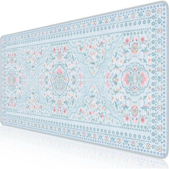 Floral Desk Mat for Keyboard and Mouse, Large Laptop Mouse Pad, Waterproof Makeup Mat, Cute Desktop Mat for Home, Desk Skirts for Teacher Desk, Desk Mat for Dorm(Blue)