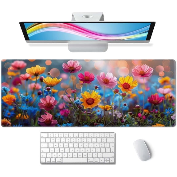 Floral Desk Mat Pink Yellow Blue Aesthetic Desk Pad Flower Plant Extended Mouse Pad Large Gaming Mousepad XL Laptop Computer Mouse Keyboard Mat 31.5 x 11.8 in for Office Desk Decor