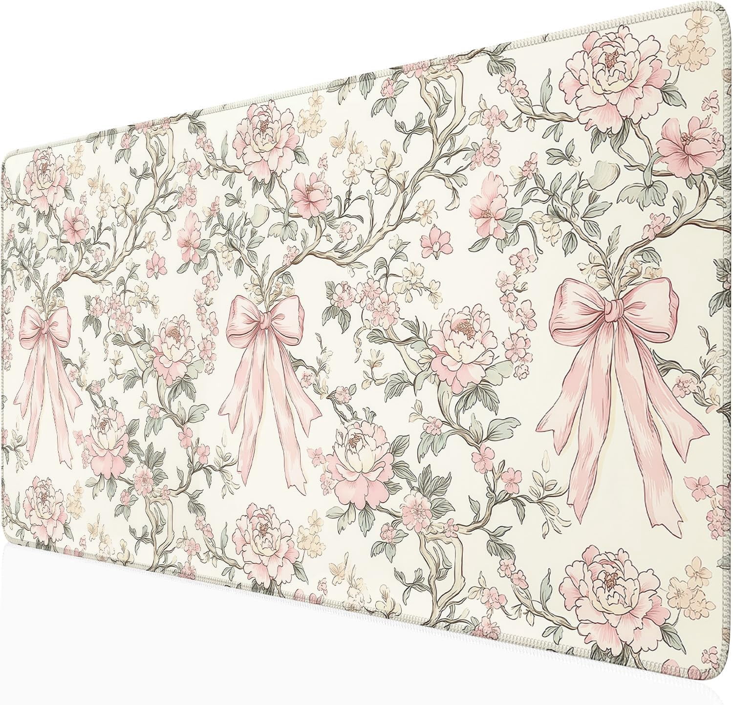 Floral Desk Mat Vintage Chinoiserie Large Mouse Pad Coquette Aesthetic Office Decor Flower Pink Bow Gaming Pad Cottagecore Desk Decor 31.5x15.7 in