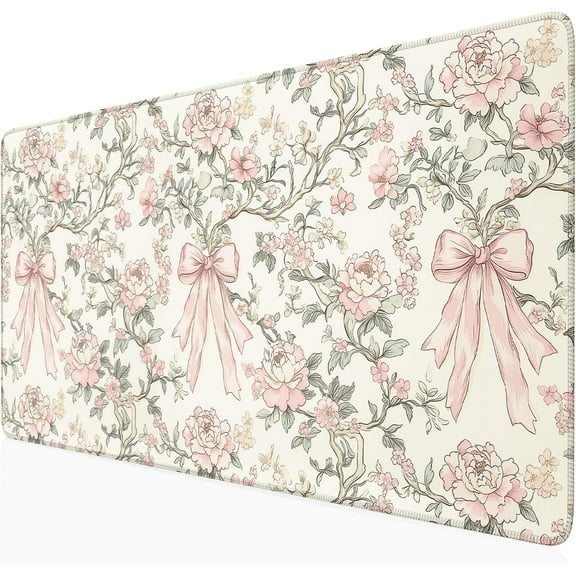 Floral Desk Mat Vintage Chinoiserie Large Mouse Pad Coquette Aesthetic Office Decor Flower Pink Bow Gaming Pad Cottagecore Desk Decor 31.5x15.7 in