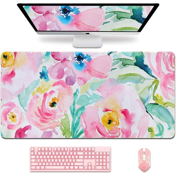 Floral Desk Matt for Desktop, Large Pink Mouse Pad, Desk Mat for Keyboard and Mouse, XXL Mouse Pad with Non Slip Base, Stitched Edges Desk Mats for Office Home (Pink Peony Floral)