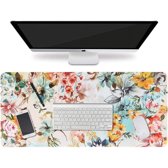 Floral Desk Pad Mat, Computer Desk Matt for Desktop, Large Mouse Pad for Desk, XXL Gaming Mousepad with Non-Slip Base, Waterproof Laptop Keyboard Mat for Office Laptop Women