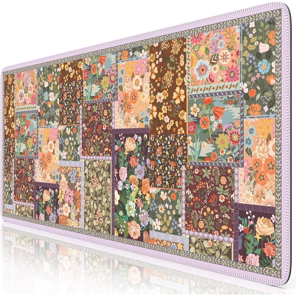 Floral Desk Pad Mat, Large Mouse Pad, Desk Matt for Desktop, Anti-Slip XXL Big Mousepad with Stitched Edges for Computer Keyboard (Brown)