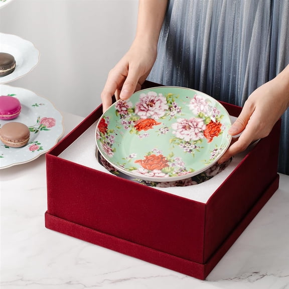 Floral Dessert Plates Ceramic, Set of 6, 8 Inch, Assorted Colors with Golden Rim, Deep Porcelain Floral Plates with Gift Box, Dishwasher Safe