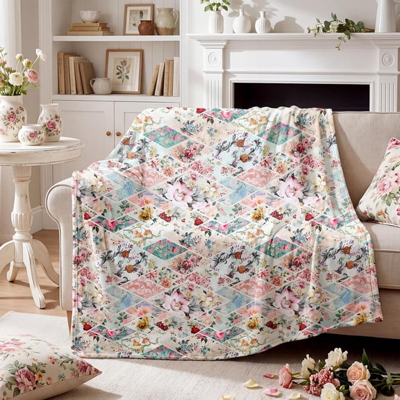 Floral Diamond Pattern Throw Blanket for Couch and Bed