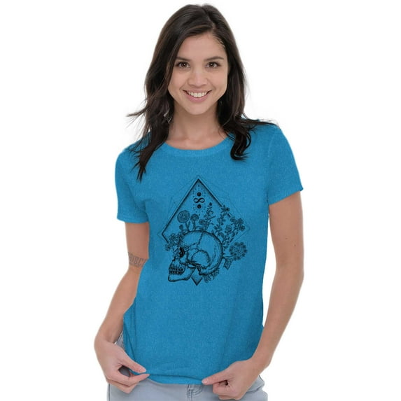 Floral Diamond Skull Symbol Spiritual Womens Slim Fit Graphic Tee Brisco Brands X