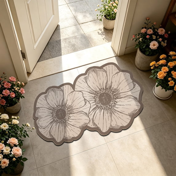 Floral Diatomaceous Earth Bath Mat, Quick Dry Bathroom Rug, 16 x 24 Inch French Floral Floor Mat for Shower Sink Vanity and Entryway, Absorbent Layered Surface with Scalloped Outline