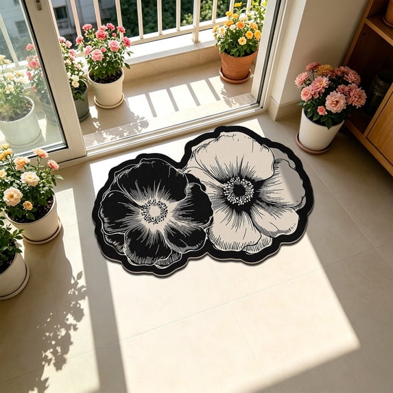 Floral Diatomaceous Earth Bath Mat, Quick Dry Bathroom Rug, 16 x 24 Inch French Floral Floor Mat for Shower Sink Vanity and Entryway, Absorbent Layered Surface with Scalloped Outline