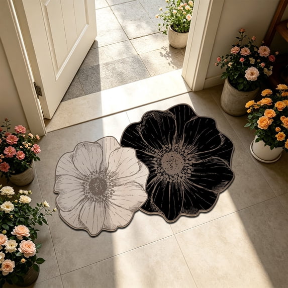 Floral Diatomaceous Earth Bath Mat, Quick Dry Bathroom Rug, 16 x 24 Inch French Floral Floor Mat for Shower Sink Vanity and Entryway, Absorbent Layered Surface with Scalloped Outline