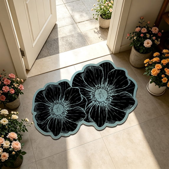Floral Diatomaceous Earth Bath Mat, Quick Dry Bathroom Rug, 16 x 24 Inch French Floral Floor Mat for Shower Sink Vanity and Entryway, Absorbent Layered Surface with Scalloped Outline