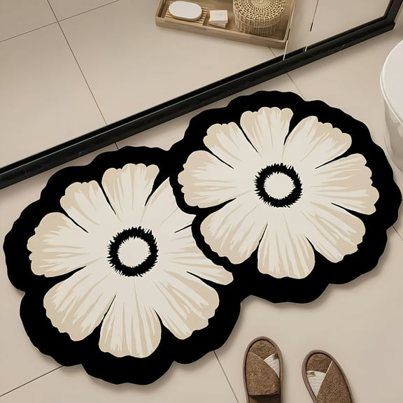 Floral Diatomaceous Earth Bath Mat - Super Absorbent Quick-Dry Shower Mat w/Non-Slip Backing - Soft Oval Floor Rug (Easy to Clean)