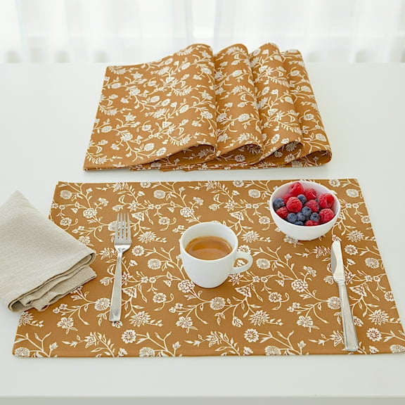 Floral Dining Table Placemats Vintage Flowers Botanical Design Rustic Vintage Rectangular Washable Cloth Dinner Place Mats for Kitchen Retro Home Decor Cinnamon Brown 14”x20” Set of 4