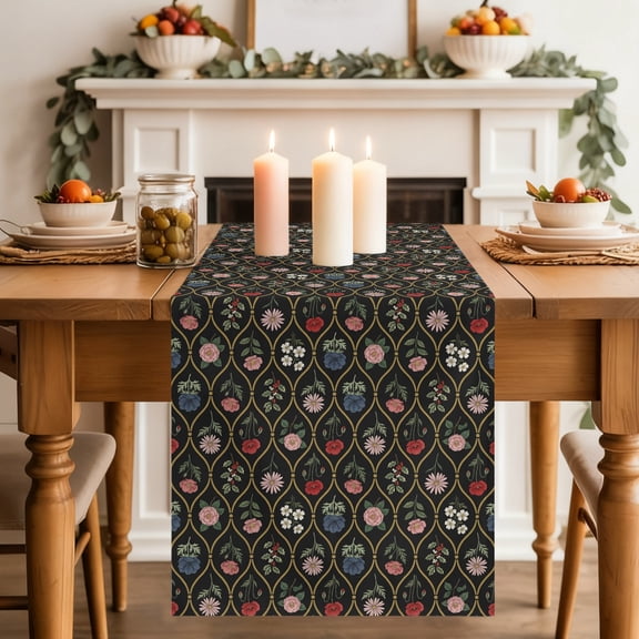 Floral Dining Table Runner, Black Background French Style Cottagecore Vintage Washable Table Runners Kitchen Coffee Table Center Decor for Home Party Holiday Wedding 13 x 108 Inches