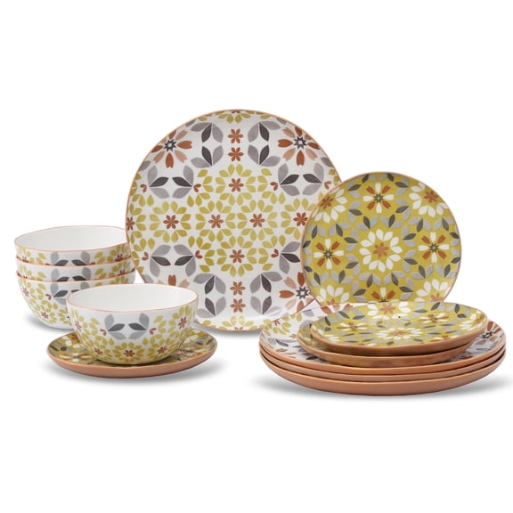 Floral Dinnerware Set, 12 Piece, Bone China, Yellow and Gray Pattern, Microwave and Dishwasher Safe