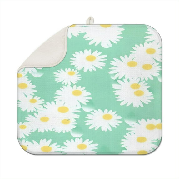 Floral Dish Drying Mat with Daisies for Kitchen Countertop Absorbent Microfiber Dish Rack Mat Spring Summer Drainer Pad Foldable 16x18 Inch