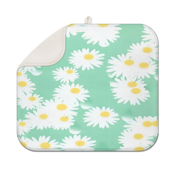 Floral Dish Drying Mat with Daisies for Kitchen Countertop Absorbent Microfiber Dish Rack Mat Spring Summer Drainer Pad Foldable 16x18 Inch
