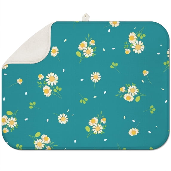 Floral Dish Drying Mat with Daisies for Kitchen Countertop Absorbent Microfiber Dish Rack Mat Spring Summer Drainer Pad Foldable 18x24 Inch