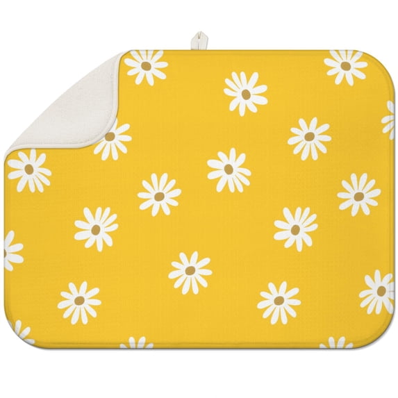 Floral Dish Drying Mat with Daisy Pattern Microfiber Absorbent Foldable Kitchen Counter Rack Pad Spring Summer 18x24 Inch