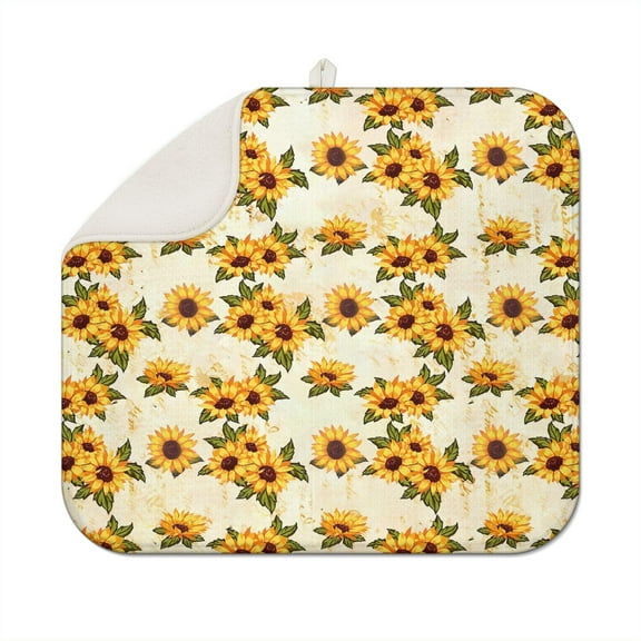 Floral Dish Drying Mat with Sunflowers Microfiber Counter Pad Foldable Absorbent Kitchen Rack Mat 16x18 Inch