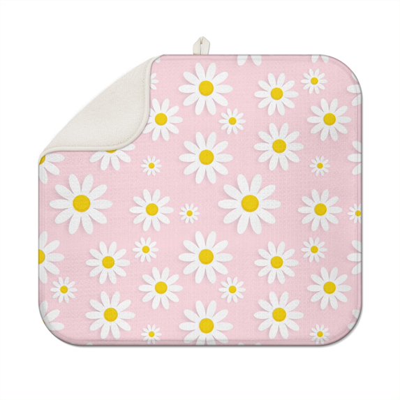 Floral Dish Drying Pad for Kitchen Sink Area with Daisy Design Microfiber Foldable Rack Mat Absorbent Spring Summer 16x18 Inch