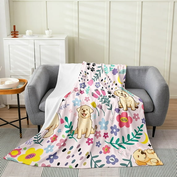Floral Dog Bed Blanket Queen 90x90 inch Pink Dog Flannel Blanket Cartoon Animal Throw Blanket,Cute Botanical Flower Leaves Moon Golden Retriever Puppy Fleece Blanket Lightweight