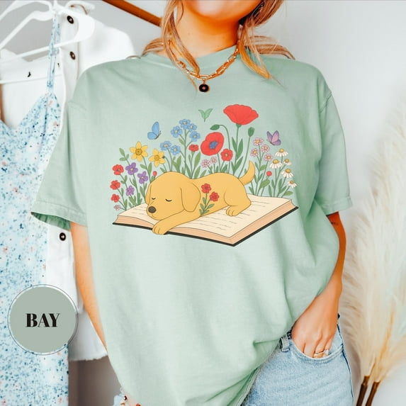Floral Dog Book T-Shirt, Bookworm Sweatshirt, Booktrovert Shirt, Literary School Tshirt, Librarian Outfit, Womens Apparel, Puppy Reading Tee TSHIRT All Size S-5XL