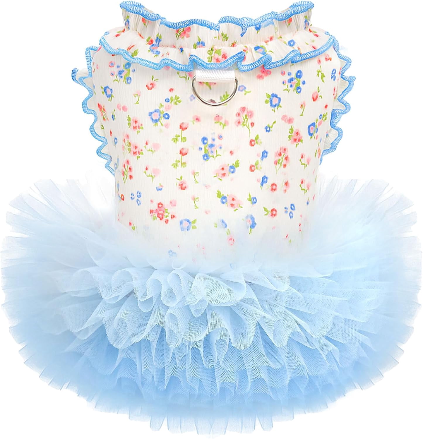 Floral Dog & Cat Dress with Tutu Skirt - Breathable Stretch Pet Clothes for Small Dogs Girl Cats & Puppies Birthday Party Outfit (Blue,Medium)