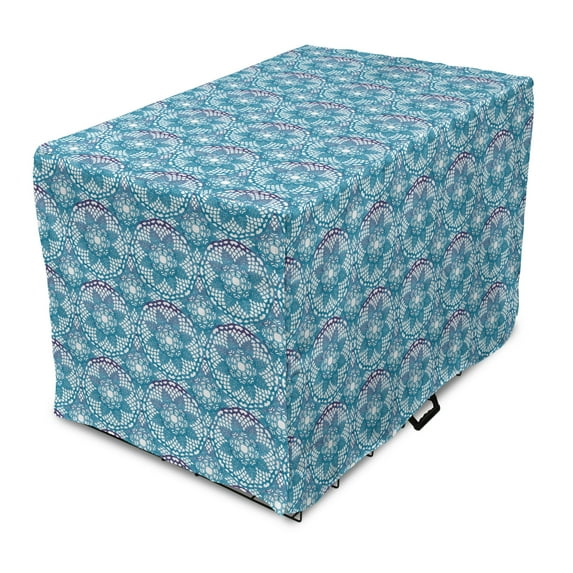Floral Dog Crate Cover, Continuous Lace Look Doilies Pattern Floral Motifs, Easy to Use Pet Kennel Cover Small Dogs Puppies Kittens, 7 Sizes, Indigo Sea Blue, by Ambesonne