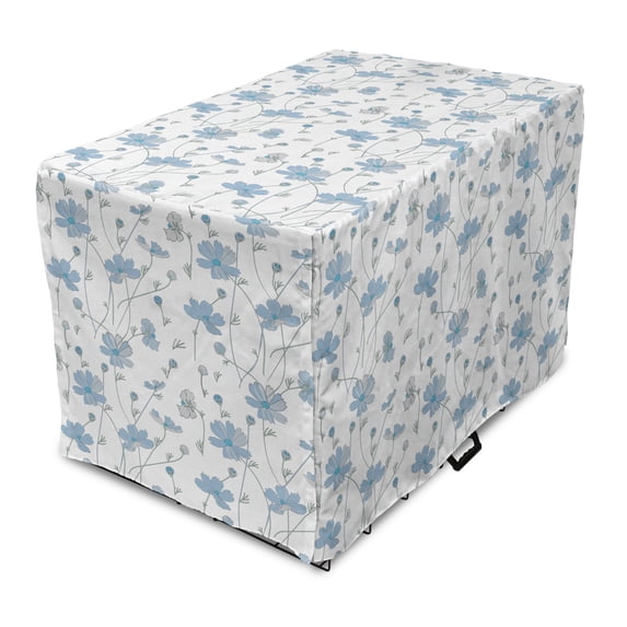 Floral Dog Crate Cover, Cosmos Flowers Blue Grey Tones Simplistic and Continuous Composition, Easy to Use Pet Kennel Cover Small Dogs Puppies Kittens, 7 Sizes, Off White and Sea Blue, by Ambesonne