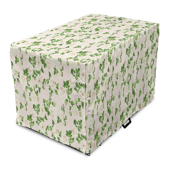 Floral Dog Crate Cover, Repeating Pastel Rose Flowers Naive Simple Illustration, Easy to Use Pet Kennel Cover Small Dogs Puppies Kittens, 7 Sizes, Fern Green Ivory, by Ambesonne