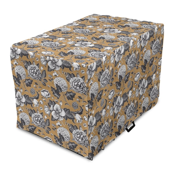 Floral Dog Crate Cover, Vintage Composition of Flowers and Leaves Romantic Art Dog-rose Pattern, Easy to Use Pet Kennel Cover for Medium Large Dogs, 35" x 23" x 27", Camel Dark Blue Grey, by Ambesonne
