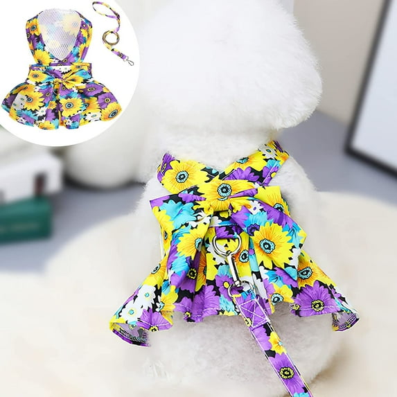 Floral Dog Dress Bowknot Harness Leash Set for Small Dogs Cats Girl Cute Princess Dog Dresses Spring Summer Puppy Clothes Breathable Chihuahua Yorkies Pet Outfits