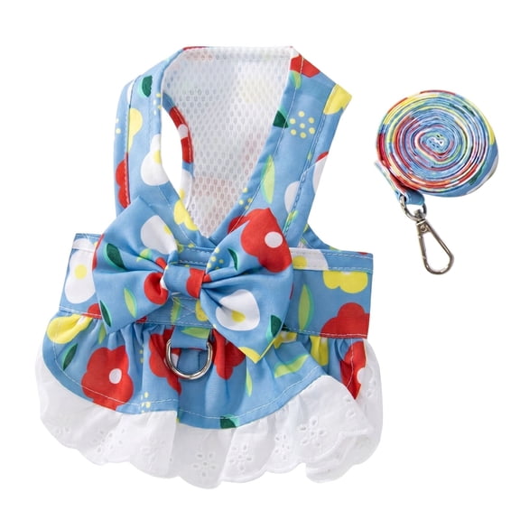 Floral Dog Dress Harness and Leash Set, No Pull Adjustable Vest Harness, Breathable Mesh Dog Dress with Bow for Small Medium Dogs Light Blue S
