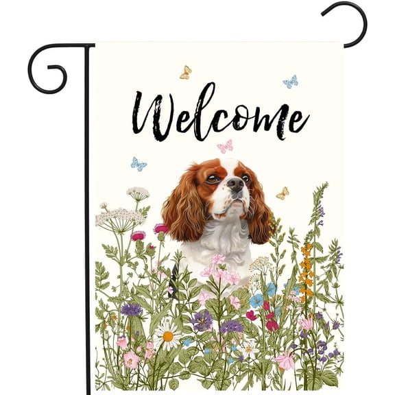 Floral Dog Garden Flag, Cavalier Spaniel Design, Double Sided Outdoor Welcome Yard Flag, 12 x 18 Inch