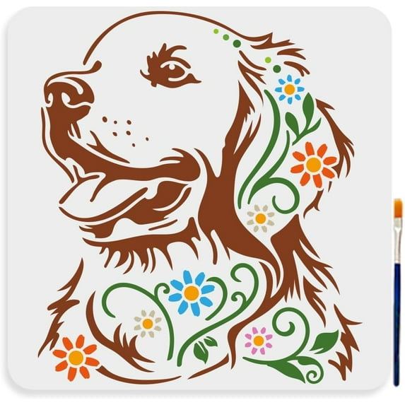 Floral Dog Stencil 11.8×11.8inch Large Golden Retriever Stencil with Paint Brush Reusable Animal Pet Dog Head Template for Dog Lover Wood Canvas Fabric Wall Furniture Decor