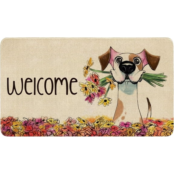 Floral Dog Welcome Door Mat Indoor Outdoor Non Slip Entryway Rug Colorful Spring Summer Front Porch Farmhouse Decor 30 x 17 Inch