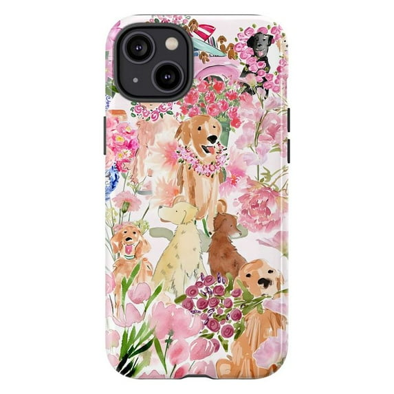 Floral Dogs Phone Case – Adorable Watercolor Puppies & Pink Flowers Protective Phone Cover Compatible with iPhone 16, 15, 14, 13, 12, 11 Pro Plus Max Mini