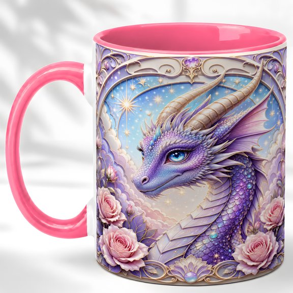 Floral Dragon Coffee Mug, Rose Fantasy Mug, Ceramic 11 oz