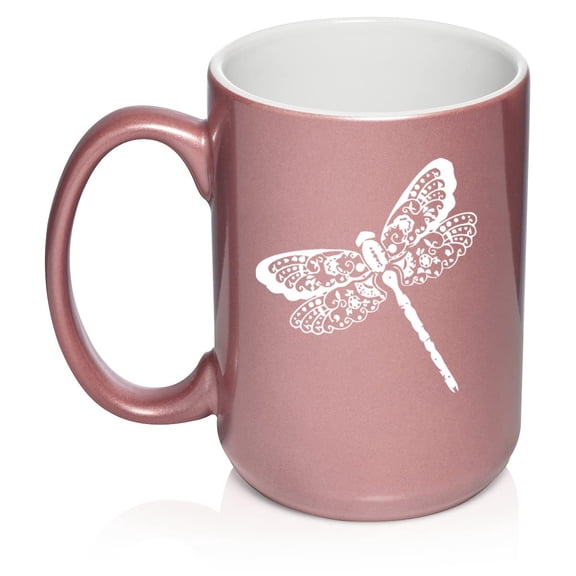 Floral Dragonfly Ceramic Coffee Mug Tea Cup Gift for Her, Women, Daughter, Mom, Wife, Girlfriend, Family, Boss, Coworker, Sister, Grandma, Best Friend, Housewarming, Birthday, Cute (15oz Rose Gold)