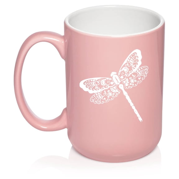Floral Dragonfly Ceramic Coffee Mug Tea Cup Gift for Her, Women, Daughter, Mom, Wife, Girlfriend, Family, Boss, Coworker, Sister, Grandma, Best Friend, Housewarming, Birthday, Cute (15oz Light Pink)