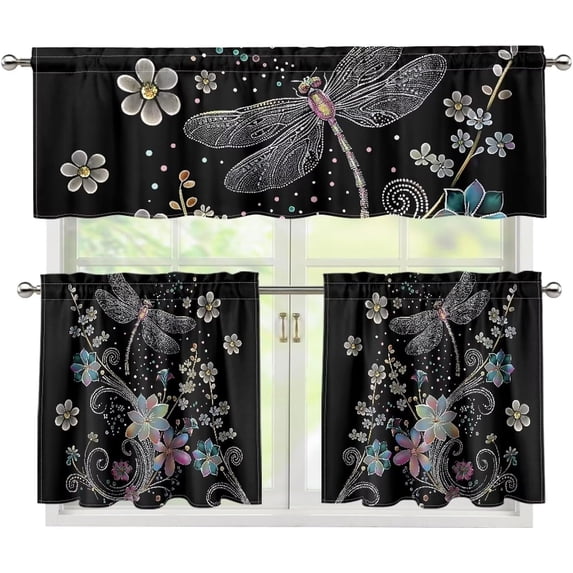 Floral Dragonfly Curtain and Valances Set for Kitchen Windows Valances Farmhouse Style Home Decor Window Treatments Valance Short Curtains Sheer Valance 24"